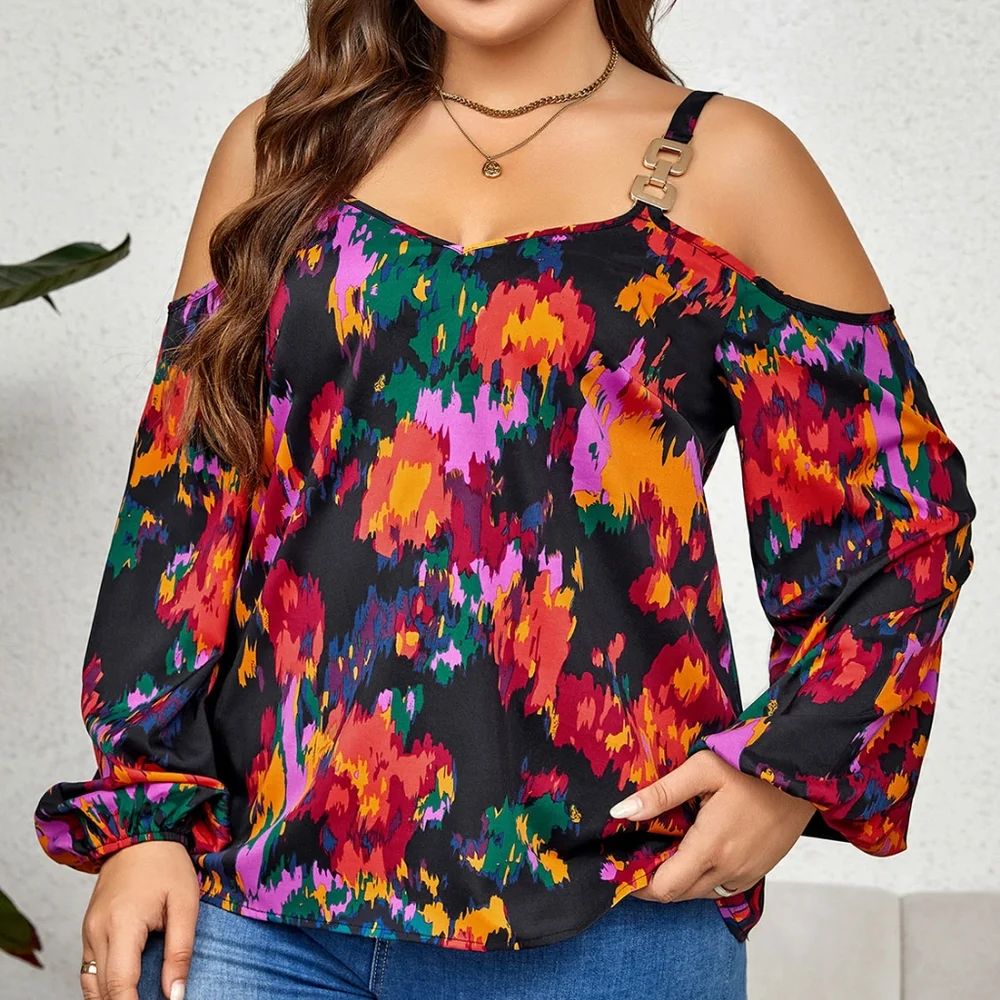 Curvy Vibrance Chain-Strap Cold Shoulder Top - Picture 3 of 3